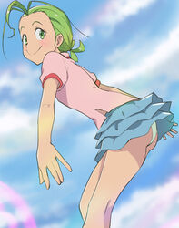  antenna_hair ass blue_skirt cloud day female green_eyes green_hair haruyama_kazunori looking_at_viewer majocco_shimai_no_yoyo_to_nene miniskirt panties short_hair short_sleeves skirt sky smile solo underwear yoyo_(majocco_shimai_no_yoyo_to_nene) 