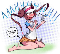  alternate_costume bare_shoulders barefoot blue_eyes blush bouncing_breasts breasts brown_hair can commentary diglett double_bun drink_can drinking_straw english_commentary female groin_attack hair_bun long_hair medium_breasts miniskirt musical_note no_legwear nose_blush pokemon pokemon_(creature) pokemon_bw2 rosa_(pokemon) sho-n-d sitting skirt soda_can solo surprised twintails visor_cap wariza 