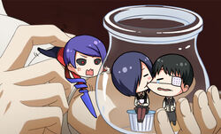  artist_request black_hair bowl creamer eyepatch ghoul in_container jar kaneki_ken kirishima_touka purple_hair tokyo_ghoul tsukiyama_shuu 