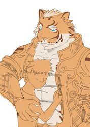  2017 absurd_res anthro blush countershading duo felid fur hi_res hug human lin_hu male mammal nekojishi pantherine r000tmnt size_difference studio_klondike tian-liao_lin tiger 