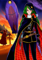  1boy aircraft airship animal animal_on_shoulder ascot bad_id bad_pixiv_id belt bird bird_on_shoulder black_pants breasts cape cosmo_dragoon cosplay cross emeraldas emeraldas_(cosplay) energy_gun facial_mark female gloves grave green_hair gun hair_ornament hairclip harlock harlock_(cosplay) harlock_saga hayachine holster iron_cross kazami_yuuka kazami_yuuka_(pc-98) laser long_hair long_sleeves medium_breasts military military_vehicle pants photoshop_(medium) plaid planet red_eyes silhouette skull_and_crossbones skull_print space spacecraft sunset touhou touhou_(pc-98) umbrella weapon 