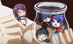  artist_request black_hair creamer eyepatch ghoul glasses in_container jar kamishiro_rize kaneki_ken kirishima_touka purple_hair tokyo_ghoul tsukiyama_shuu 