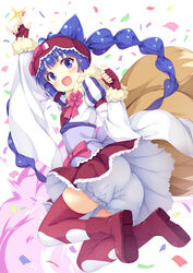  :d \m/ animal_ears arm_up ass bloomers blue_hair blush boots bow braid clenched_hand commentary_request confetti female fingerless_gloves fox_ears fox_girl fox_tail from_behind full_body gloves headband highres kusanagi_yuma long_hair long_sleeves looking_back obi open_mouth outstretched_arm photoshop_(medium) pink_bow pink_ribbon puffy_sleeves purple_eyes red_footwear red_gloves red_thighhighs ribbon sash skirt smile solo soushin_shoujo_matoi sparkle tail thighhighs tomifumi twin_braids twintails underwear very_long_hair white_background 