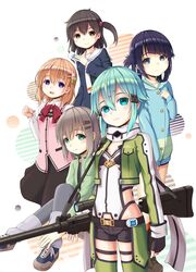  5girls anti-materiel_rifle aqua_eyes aqua_hair black_hair blue_eyes bolt_action brown_eyes brown_hair card commentary_request crossover fingerless_gloves folded_hair gloves gochuumon_wa_usagi_desu_ka? green_eyes grey_hair gun hair_rings hane_yoshiyumi highres hood hoodie hoto_cocoa kominato_ruuko long_hair multiple_crossover multiple_girls nagi_no_asukara pgm_hecate_ii purple_eyes rabbit_house_uniform rifle scarf school_uniform season_connection selector_wixoss serafuku shell_jacket shiodome_miuna short_hair short_shorts shorts side_ponytail sinon sniper_rifle sword_art_online twintails weapon wixoss yama_no_susume yukimura_aoi 