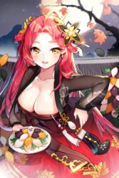  ahoge braid breasts cleavage collarbone commentary_request earrings female food full_moon gio_(maroon0924) hand_on_own_hip jaina_preventer jewelry large_breasts leaf long_hair moon open_mouth plate red_hair smile solo sword_girls tree very_long_hair yellow_eyes 