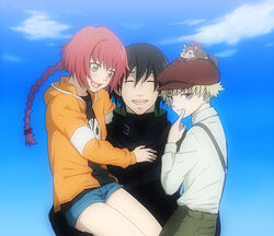  2boys bad_id bad_pixiv_id bare_legs black_gloves black_hair blonde_hair blue_eyes braid cabbie_hat cha_(komekko) closed_eyes coat darker_than_black female fingersmile flying_squirrel gloves green_eyes hat hei_(darker_than_black) jacket july_(darker_than_black) multiple_boys orange_shirt petya_(darker_than_black) red_hair shirt short_shorts shorts single_braid squirrel suou_pavlichenko suspenders trench_coat 