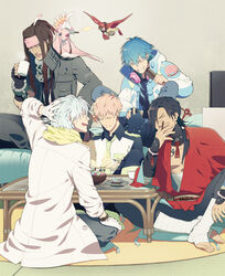  5boys annoyed ashtray bandages beni_(dramatical_murder) bird black_hair blonde_hair blue_hair brown_hair brush candy canine choker clear_(dramatical_murder) coat cup dramatical_murder dreadlocks ear_piercing earrings eyebrow_piercing food gloves hand_on_own_head headband headphones headphones_around_neck highres holographic_interface honya_lala jacket japanese_clothes jewelry koujaku lip_piercing long_hair major_mitchell&#039;s_cockatoo male_focus midriff_sarashi mink_(dramatical_murder) mug multiple_boys necktie nitro+_chiral noiz_(dramatical_murder) nose_piercing official_art photoshop_(medium) piercing ren_(dramatical_murder) sarashi scarf seragaki_aoba sitting smile smoking table tassel tori_(dramatical_murder) trench_coat watch white_hair wristwatch 