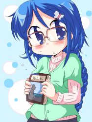  blue_eyes blue_hair blush book braid commentary_request female geetsu glasses hair_ornament hairpin holding holding_book hugging_book hugging_object jaggy_lines oekaki original pink-framed_eyewear single_braid solo 