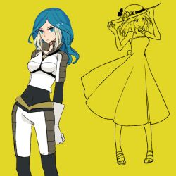  bad_id bad_pixiv_id blue_eyes blue_hair bodysuit dress female hat inazuma_eleven inazuma_eleven_(series) l_hakase long_hair multicolored_hair popped_collar sun_hat sundress the_genesis urubida white_hair 