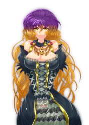  absurdres breasts brown_eyes brown_hair cleavage commentary_request cross-laced_clothes dress embellished_costume female gold_trim gradient_hair highres hijiri_byakuren jewelry large_breasts long_hair looking_at_viewer multicolored_hair necklace purple_hair simple_background smile solo standing touhou two-tone_hair unmoving_pattern very_long_hair wakura_(gcdan) 