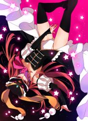  animal_hat ateka black_thighhighs commentary_request elbow_gloves female gloves hat long_hair long_skirt mawaru_penguindrum orange_hair panties princess_of_the_crystal red_eyes skirt solo star_(symbol) takakura_himari thighhighs underwear upside-down white_panties 