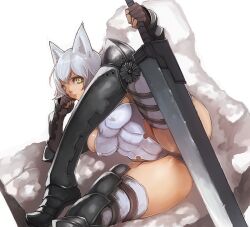  animal_ears armor asanuma bad_id bad_pixiv_id breasts fantasy_earth fantasy_earth_zero female fingerless_gloves gloves greaves grey_hair head_rest large_breasts leg_lift leg_up lying on_side photoshop_(medium) solo spread_legs sword thighhighs vambraces warrior_(fantasy_earth) warrior_(vesta_armor)_(fantasy_earth_zero) weapon yellow_eyes 