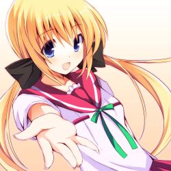  beckoning blonde_hair blue_eyes blush borrowed_character bow chiri_(atlanta) commentary_request female gradient_background hairbow hands kuu_(agekichi) long_hair open_mouth original outstretched_arm outstretched_hand photoshop_(medium) school_uniform smile solo twintails 