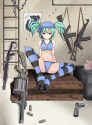  ak-47 aqua_hair ar-15 assault_rifle bad_id bad_pixiv_id blue_eyes blue_panties bullet bullet_hole chains desert_eagle explosive feet female grenade grenade_launcher gun gun_sling handgun hat kalashnikov_rifle kawashiro_nitori key ladder m4_carbine magazine_(weapon) midriff milkor_mgl navel panties poster_(object) pump_action rifle shotgun sitting smile solo spas-12 sports_bra spread_legs striped_clothes striped_thighhighs takiteru thighhighs touhou underwear underwear_only weapon 