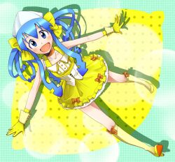  blue_eyes blue_hair commentary_request dutch_angle female gloves idol ikamusume kanoko_y open_mouth photoshop_(medium) shinryaku!_ikamusume solo tentacle_hair yellow_legwear 