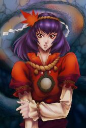  commentary_request eyelashes female graphite_(medium) hair_ornament highres holding_own_arm kosuke_(gonzo_2010) lips long_neck mirror mixed_media purple_hair red_eyes rope shide short_hair snake solo tassel touhou traditional_media upper_body yasaka_kanako 