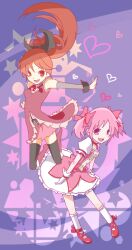  2girls choker commentary_request gloves kaname_madoka kaname_madoka_(magical_girl) long_hair magical_girl mahou_shoujo_madoka_magica mahou_shoujo_madoka_magica_(anime) multiple_girls pink_eyes pink_hair ponytail puffy_sleeves red_eyes red_hair sakura_kyoko sakura_kyoko_(magical_girl) short_twintails tama_(miloque) twintails 