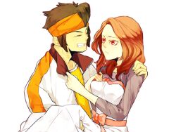  1boy 4tew bad_id bad_pixiv_id brown_eyes brown_hair carrying closed_eyes couple dress endou_mamoru female grin headband husband_and_wife inazuma_eleven_(series) inazuma_eleven_go jacket princess_carry raimon_natsumi red_eyes smile straight 