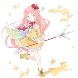  arched_crown atelier_(series) atelier_meruru bare_legs blue_eyes bow cape commentary_request crown female flower half_updo long_hair merurulince_rede_arls multicolored_cape multicolored_clothes osuton pink_hair red_bow red_crown skirt smile solo staff star_(symbol) tilted_headwear yellow_skirt 