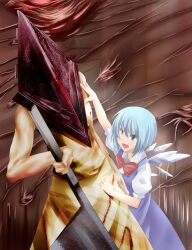  1boy blue_eyes blue_hair cirno commentary_request crossover eruruxu female great_knife photoshop_(medium) pyramid_head silent_hill_(movie) silent_hill_(series) silent_hill_2 straight touhou wings 