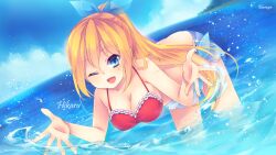  ;d aizawa_hikaru bent_over bikini blonde_hair blue_eyes breasts cleavage female highres long_hair medium_breasts microsoft official_art one_eye_closed open_mouth ponytail shinia silverlight smile solo splashing swimsuit wading water 