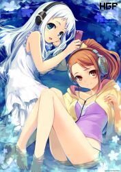  2girls anjou_naruko ano_hi_mita_hana_no_namae_wo_bokutachi_wa_mada_shiranai. bad_id bad_pixiv_id barefoot blue_eyes brown_eyes brown_hair casual cellphone commentary_request dress headphones hiiro_yuki honma_meiko hood hoodie long_hair looking_at_viewer lying multiple_girls on_back on_side open_clothes open_hoodie panties partially_submerged phone side-tie_panties sleeveless sleeveless_dress underwear water white_hair 