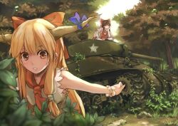  2girls ascot black_hair bow brown_eyes caterpillar_tracks commentary_request detached_sleeves forest hairbow hakurei_reimu head_rest horns ibuki_suika indian_style m4_sherman medium_tank military military_vehicle motor_vehicle multiple_girls nature orange_hair shirt sitting sleeveless sleeveless_shirt star_(symbol) tank touhou wrist_cuffs xiao_qiang_(overseas) 