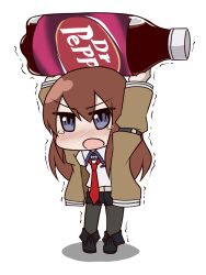  black_pantyhose blue_eyes blush brown_hair carrying carrying_overhead chibi commentary_request dr_pepper female heavy highres jacket long_hair makise_kurisu mini_person minigirl necktie netachou open_mouth pantyhose pantyhose_under_shorts red_necktie shorts simple_background solo steins;gate tears trembling 