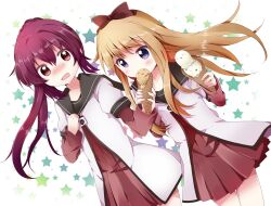  2girls bad_id bad_pixiv_id blue_eyes blush eating food ice_cream ice_cream_cone indirect_kiss layered_sleeves long_hair long_sleeves mishima_kurone multiple_girls nanamori_school_uniform open_mouth ponytail purple_eyes purple_hair school_uniform serafuku short_over_long_sleeves short_sleeves star_(symbol) sugiura_ayano toshinou_kyouko yuru_yuri 