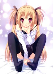  :p absurdres black_thighhighs blonde_hair blush camisole copyright_request feet female hair_ornament hair_ribbon highres long_hair moekibara_fumitake no_shoes off_shoulder red_eyes ribbon scan sitting skirt solo sweater thighhighs tongue tongue_out very_long_hair 