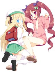  2girls backpack bag bandaid bandaid_on_knee bandaid_on_leg blonde_hair blue_eyes blush borrowed_character bottomless commentary_request full_body hat hazuki_watora hood hoodie long_hair meito_(maze) multiple_girls naked_hoodie original purple_eyes randoseru red_hair ribbon sandals shimotsuki_potofu thighhighs twintails two_side_up 