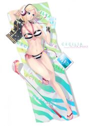  bikini blonde_hair blue_eyes breasts cecilia_(pangya) commentary_request easy_(easycrew) female golf_club headphones large_breasts lee_byung_hee official_art pangya solo swimsuit 