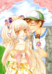  1boy bad_deviantart_id bad_id bare_shoulders baseball_cap blonde_hair chii chobits couple dark-persian dress female flower food hat ice_cream long_hair motosuwa_hideki photoshop_(medium) ponytail straight sundress traditional_media very_long_hair yellow_eyes 