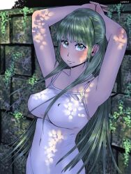  against_wall armpits arms_behind_head breasts commentary_request covered_nipples dress female green_eyes green_hair higurashi_no_naku_koro_ni long_hair medium_breasts solo sonozaki_shion wall zenkou 