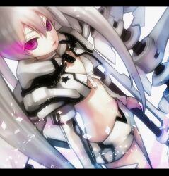  bad_id bad_pixiv_id black_rock_shooter black_rock_shooter_(game) chm collar female letterboxed midriff pink_eyes short_shorts shorts solo star_(symbol) white_hair white_rock_shooter 