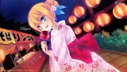  aizawa_hikaru blonde_hair blue_eyes female highres japanese_clothes kimono microsoft official_art pink_kimono silverlight solo yukata 