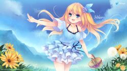  aizawa_hikaru basket blonde_hair blue_dress blue_sky blush bush day dress female highres layered_dress long_hair looking_at_viewer microsoft official_art outdoors plant silverlight sky solo tareme 