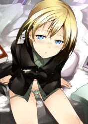  :o blonde_hair blue_eyes blush commentary_request erica_hartmann female highres looking_up military military_uniform navel nishiide_kengorou panties short_hair sitting solo strike_witches thighs underwear uniform world_witches_series 