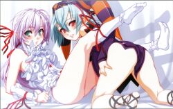  2girls al_azif blush demonbane detached_sleeves elf frills green_eyes hair_ribbon hat hazuki_(demonbane) highres legs lying multiple_girls nishii_(damnedrive) official_art pointy_ears red_eyes ribbon socks wrist_cuffs 