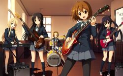  5girls akiyama_mio bass_guitar blush commentary_request cygnus_(cygnus7) drum electric_guitar fender_jazz_bass fender_mustang gibson_les_paul guitar hairband highres hirasawa_yui instrument k-on! keyboard_(instrument) kotobuki_tsumugi long_hair multiple_girls nakano_azusa open_mouth pantyhose photoshop_(medium) revision round_teeth sakuragaoka_high_school_uniform school_uniform smile tainaka_ritsu teeth thighhighs twintails very_long_hair 