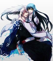  1boy black_hair blood closed_eyes commentary_request female japanese_clothes kei_(space_sonic) kimono long_hair multicolored_hair nura_rikuo nurarihyon_no_mago photoshop_(medium) ringed_eyes scarf tears white_hair yellow_eyes yuki_onna_(nurarihyon_no_mago) 