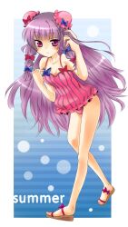  bun_cover casual_one-piece_swimsuit commentary_request double_bun female hair_bun hair_ribbon highres long_hair multi-tied_hair nekoko_(mono96) one-piece_swimsuit patchouli_knowledge purple_eyes purple_hair ribbon sandals solo striped swimsuit touhou tress_ribbon vertical_stripes very_long_hair 