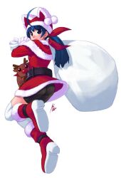  animal_ears ass bike_shorts bike_shorts_under_skirt blue_hair boots christmas fatal_fury female futaba_hotaru garou:_mark_of_the_wolves looking_back mizuki_gyokuran photoshop_(medium) santa_costume snk solo thighhighs twintails white_background 