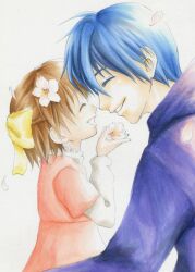  1boy blue_hair bow brown_hair clannad closed_eyes commentary_request father_and_daughter female flower hair_flower hair_ornament hairbow lolicon mamezaru okazaki_tomoya okazaki_ushio petals smile 