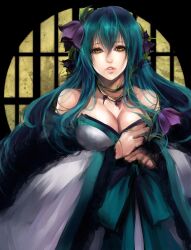  bare_shoulders black_flower blue_hair breasts cleavage commentary_request dress female flower hair_flower hair_ornament hair_ribbon holding holding_flower jewelry kamchatka_lily large_breasts lips long_hair magatama magatama_necklace mole necklace parted_lips purple_flower ribbon sasaki_ryou sayuri-hime sengoku_taisen solo yellow_eyes 