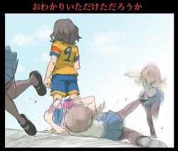  1boy action braid camera cellphone commentary_request female inazuma_eleven inazuma_eleven_(series) inazuma_eleven_go komejiru_tatsunoshin pantyhose phone photoshop_(medium) shindou_takuto soccer_uniform sportswear twin_braids yamana_akane 