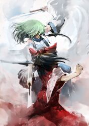  2girls bad_id bad_pixiv_id battle black_hair bow detached_sleeves dual_wielding duel from_below gohei green_hair had_(had314) hair_tubes hairbow hakurei_reimu highres holding kochiya_sanae multiple_girls touhou 