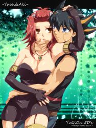  1boy blue_eyes breasts brown_eyes cleavage couple elbow_gloves female fingerless_gloves fudou_yuusei garter garters gloves hug izayoi_aki jewelry large_breasts mugicha_(sukimachaya) necklace red_hair short_hair smile yu-gi-oh! yugioh_5d&#039;s yuu-gi-ou_5d&#039;s 