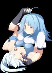  2girls ahoge aqua_hair armband bare_shoulders bili_girl_22 bili_girl_33 bilibili blue_hair breast_press breasts elbow_gloves fingerless_gloves gloves hand_on_head highres large_breasts lens multiple_girls one_eye_closed projector red_eyes siblings simple_background sisters symmetrical_docking xiaoyou_uuu yuri 