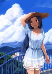  :d absurdres belt blue_hair blush breasts building cleavage cloud commentary_request day dress female hand_on_headwear hat highres idolmaster idolmaster_(classic) jewelry long_hair medium_breasts miura_azusa mountain necklace open_mouth outdoors photoshop_(medium) pink_eyes red_eyes shadow skirt sky smile solo straw_hat sun_hat sundress white_skirt yuki_usagi_(mofurafu) 